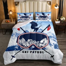 Skiing Comforter Set Queen Size, Winter Fashion Ski Sport Down Comforter, Snow Mountain Pattern Bedding Comforter for Kids Girl Boy, Soft Microfiber Quilted Duvet Natural Scenery Bedroom Decor