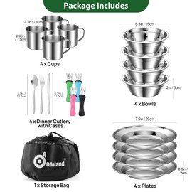 Odoland Odoland 29pcs Stainless Steel Utensils Camping Tableware Kit with Bowls Plates Cups Forks Spoons and Knives for 4, Cutlery Flatware Set for Backpacking, Outdoor Camping Hiking and Picnic