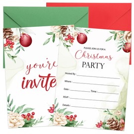 wonmon 30 Pack Christmas Party Invitations Cards, Christmas Pine Cones Holly Dinner Invitations Paper Invite Cards with Envelopes for Christmas Wedding Birthday Baby Shower Party Supplies
