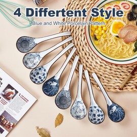 Ceramic Soup Spoons, Asian Soup Spoon Japanese Ramen Spoons,Long Handle Perfect Depth Spoon Set for Soup Dumpling, Pho, Noodles, Miso, Chinese Wonton, Dishwasher Safe- Set of 8- Blue