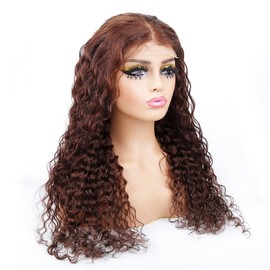 Unipearl Water Wave Real Hair Wig 5 x 5 HD Lace Front Wig Human Hair 45 cm (18 Inches), #2 Dark Brown Curly Glueless Wig 100% Brazilian Real Hair Wigs for Women 150% Density