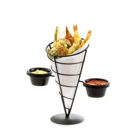 Tablecraft Vertigo Collection Appetizer Cone with Two Ramekins, Black, 9-Inch by 5-Inch