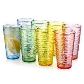 KX-WARE 22-Ounce Plastic Tumblers (Set of 8 Multicolor), Iceberg Drinking Glasses, High-Balls, Reusable Plastic Cups, Stackable, BPA-Free, Shatter Resistant, Dishwasher Safe