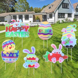 Hianjoo Outdoor Easter Yard Decorations, 6 Pack Large Dazzling Easter Yard Signs with Stakes Waterproof Easter Egg Bunny Chick Lawn Signs for Easter Game Party Supplies