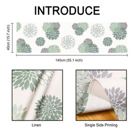 Table Runner Green Grey Linen Dahlia Flower 40 x 140 cm Attractive Table Runners Farmhouse Floral Centre Table Decor Spring Summer Table Runner for Living Room Home Dining Party Entrance