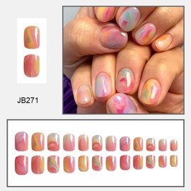 Short Oval Press on Nails Colorful Fake Nails with Design Ombre Color Glue on Nails Gradient Stick on Nails Square Acrylic Nails Press ons,Reusable for Women Girls Manicure 24PCS