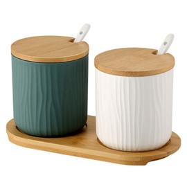 OnePine Set of 2 Sugar Bowl, Ceramic Spice Jar Condiment Pots with Bamboo Lid and Ceramic Spoon for Home and Kitchen
