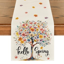 Bloom Flower Tree 210 GSM Hello Spring Table Runner, Seasonal Summer Kitchen Dining Table Decoration for Home Party Decor 13x48 Inch