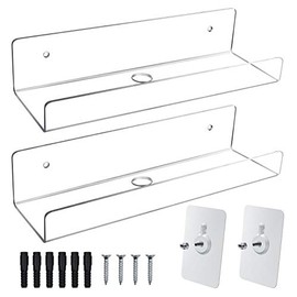 Mocoosy 2 Pack Clear Acrylic Floating Wall Shelf 10'', Invisible Wall Mounted Ledge Shelf, Small Display Shelves for Smart Speaker/Action Figures, Great for Room Bathroom Office Home Display