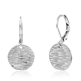 Desnuage Sterling Silver Hoop Earrings - Handmade Hammered Disc Dangle Leverback, Hypoallergenic Earrings for Women