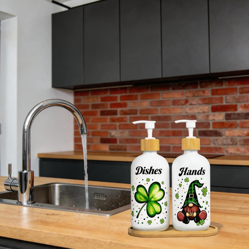 2Pcs St. Patrick's Day Soap Dispenser Lucky Shamrock Clover Gnome
