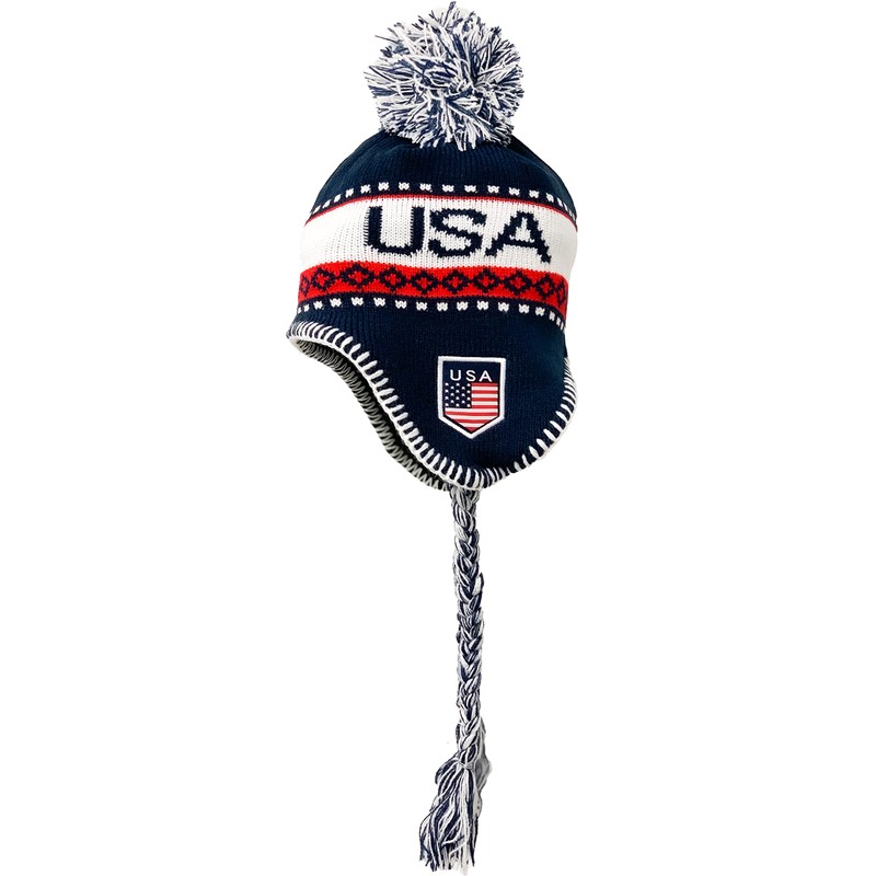 USA Winter Knit Beanie With Pom - Ski Cap, Peruvian