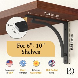 Classic Shelf Bracket Set by Balin Designs (Black) for 6 inch, 8, 10 inch Mantel Shelves L Brackets – Heavy Duty Decorative Metal Supports – Easy Installation with Hardware Included - Set of 4