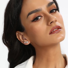 6 Pairs 8mm 18K White Gold Plated Round Clear Cubic Zirconia Stud Earring Pack of 6