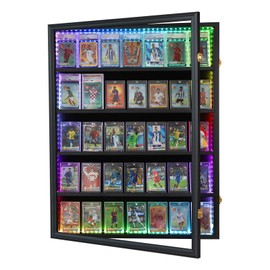 Temgee 35 Graded Sports Card Display Case with LED - Baseball Card Display Frame with UV Protection Clear View Lockable Wall Cabinet for Basketball Collectible Trading Card Black Finish