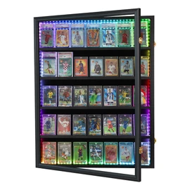 35 Graded Sports Card Display Case with LED - Baseball Card Display Frame with UV Protection Clear View Lockable Wall Cabinet for Basketball Collectible Trading Card Black Finish