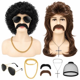 JATEBI 80s Retro Wig for Men, 2 Set Black Brown Curly Mullet Wig with Sunglasses Chains Mustaches and Wig Cap for Halloween Costume and Themed Party