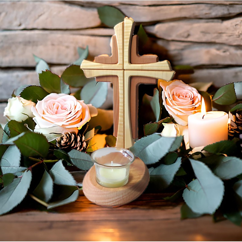 Tea Light Holder with Cross Beechwood in Modern Style