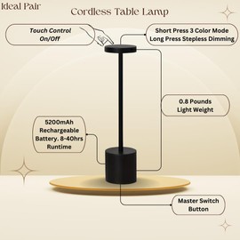 IDEAL PAIR LED Cordless Table Lamp, Portable Rechargeable 5200mAh Battery, 3 Color Stepless Touch Dimming Lamp, Bedside Lamp. Home/Hotel/Bedroom/Restaurant/Dinner,/Camping/Patio/Deck. (Black)