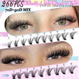 Yaiseiko Fluffy Lash Clusters Kit Lash Extension Kit 266pcs Volume Thick Eyelash Extension Kit 70D/90D 2 Styles Eyelash Clusters Kit Bond and Seal Lash Glue with Tweezers Individual Lashes Kit(9-18MM)