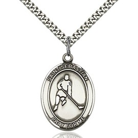 Bonyak Jewelry Saint Medal Collection Sterling Silver St. Sebastian/Ice Hockey Pendant 1 x 3/4 inches with Heavy Curb Chain