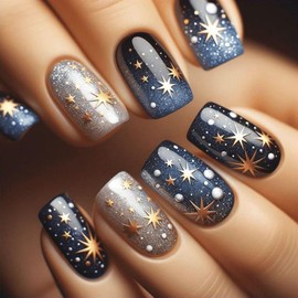 Stars Short Square Fake Nails 24Pcs Starry Sky Press on Nails Milky Way Gel Glue on Fingernails Glossy Blue Gradient Stick on Nail Acrylic Full Cover False Nail for Holiday Manicure Art
