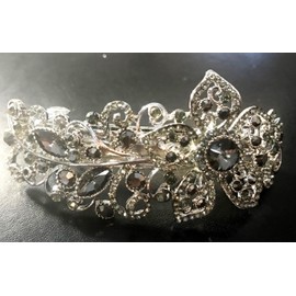 NY FASHION ACCESSORIES New Stunning Silver 4'' Floral Barrette With Smoke Grey and Clear Crystal