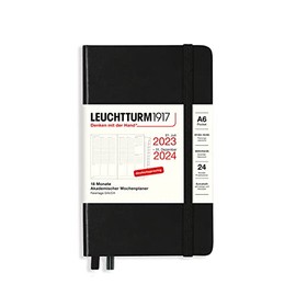 LEUCHTTURM1917 367558 Academic Week Planner Pocket (A6) 2024, with booklet, 18 Months, Black, German
