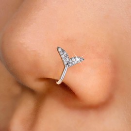 Inilbran Boho Crystal Fishtail Clip On Nose Ring Vintage Fish Tail Cuff Hoop Nose Ring Silver Fishtail Faux Clip On Nose Ring Fish Tail Not Pierced Nose Ring Jewellery, Stainless Steel