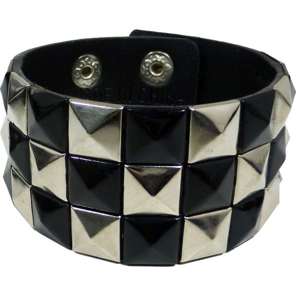 JTC Belt Triple Studded Leather Adjustable Bracelet Black & Chome