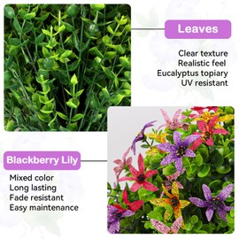 ENVEN Artificial Boxwood Topiary Ball Trees with Flowers for Outdoor with Ground Spike 22", UV Resistant Faux Shrubs, Fake Plants for Indoor & Outdoor Garden, Yard, Porch, Patio Decor