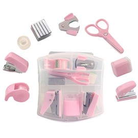 8 Pack Mini Office Supply Kit Portable Case with Scissors,Tape Dispenser Set, Punch,Pencil Sharpener, Mini Stapler with Staples and Staple Remover (Pink)