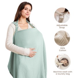 Konssy Muslin Nursing Cover for Baby Breastfeeding, Breathable 100% Cotton Breastfeeding Cover with Rigid Hoop for Mother Nursing Apron, Multi-use Carseat Canopy (Green)