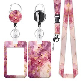 Lanyards for ID Badges and Keys, Badge Reel Retractable Heavy Duty with 360° Swivel Carabiner Clip, ID Badge Holder with Breakaway Lanyard, Teacher Doctor Nurse Office Gifts (Pink Marble)