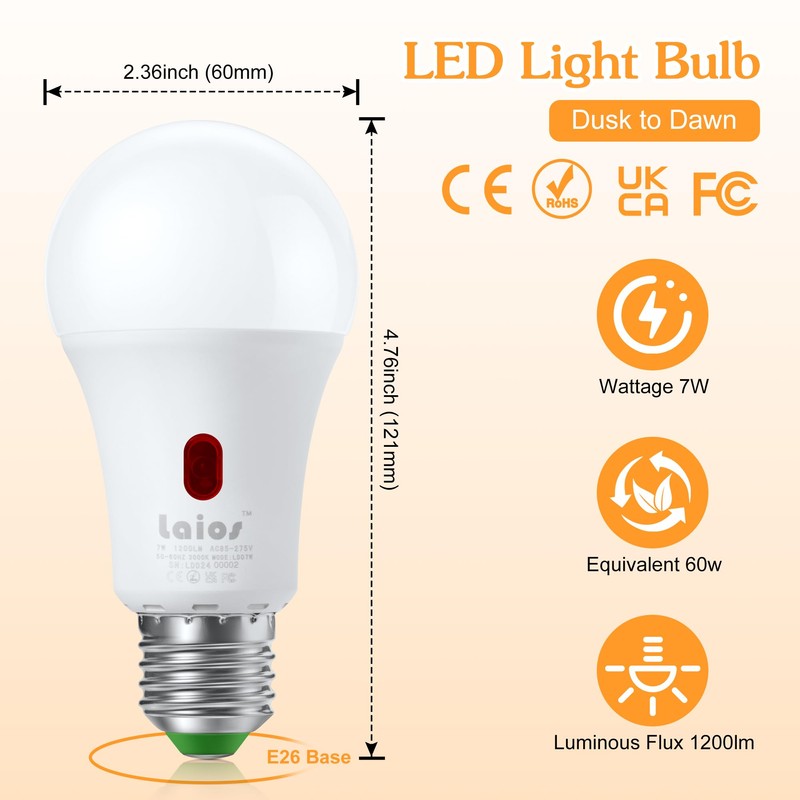 Laios Dusk to Dawn Sensor E26 Light Bulb, 7W LED