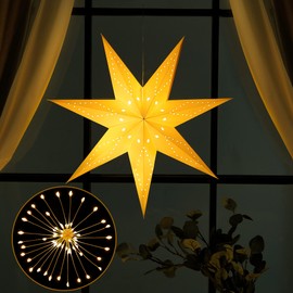 Paper Star Lantern, 8 Mode 50 LEDs Firework Fairy String Lights, Light up Hollow Out Star Hanging Decoration for Indoor Outdoor Room Wedding Christmas Party (7-Point Star, 1 Set)