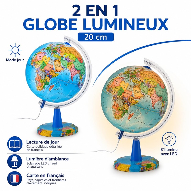 Topglobe TOPGLOBE Illuminated Globe 20cm - French Map - Modern