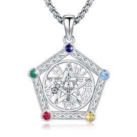 Tetragrammaton Necklace 925 Sterling Silver Wicca Pentagram Pendant with Zirconia Pentagram Talisman Witch Jewellery for Women Men, Sterling Silver Cubic Zirconia, Cubic Zirconia