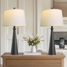 Oneach 25.75" Modern Table Lamp Set of 2, Bedside Lamps with USB Ports, Black Nightstand Lamps Set for Living Room Bedroom House Bedside Home Office Family
