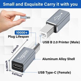 Togconn USB C to Printer Adapter (2 Pack), USB Type-C Female to USB-B Male MIDI Converter Connector, Support Data Sync, Compatible with Electric Piano, Printer, Scanner and More-Grey