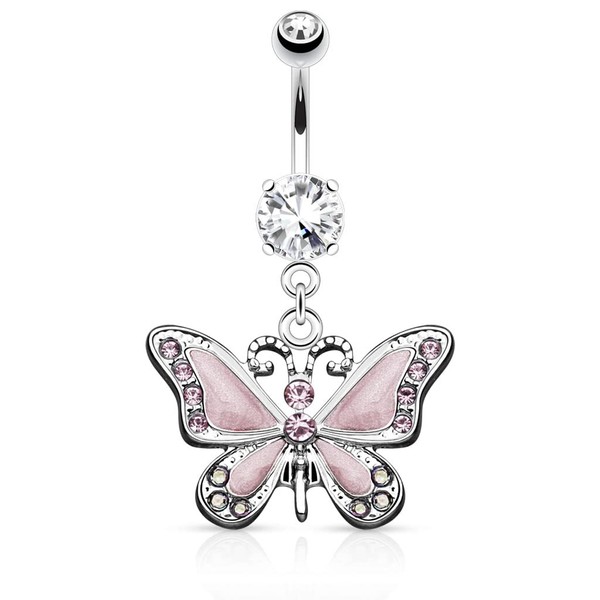 Pierced Owl 14GA Stainless Steel CZ Crystal Butterfly Dangling Belly