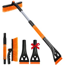 34" Extendable Ice Scrapers for Car Windshield 2-in-1 Snow Brush for Car Snow Scraper for Car Snow Scraper and Drush with Ergonomic Foam Grip for Cars, Trucks, SUV with 360° Pivoting Brush Head Orange
