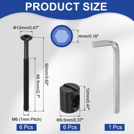 PATIKIL Furniture Bolt Nut Set, 6 Pcs M6 x 90 mm Metric Carbon Steel Flat Head Hex Socket Cap Screws Bolts with Barrel Nuts Hex Key Wrench for Beds Headboards Chairs, Black
