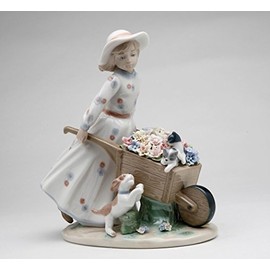 Fine Elegant Porcelain Country Girl Pushing Flowers Wagon with Cats and Playful Dog Figurine, 9 in