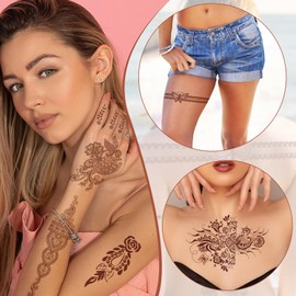 12 Sheets Henna Temporary Tattoos for Adults, Waterproof Fake Henna Tattoo Stickers for Hands, Lace Mandala Flower Pattern Body Art Large Big Arm Tattoos Stickers for Wedding Party
