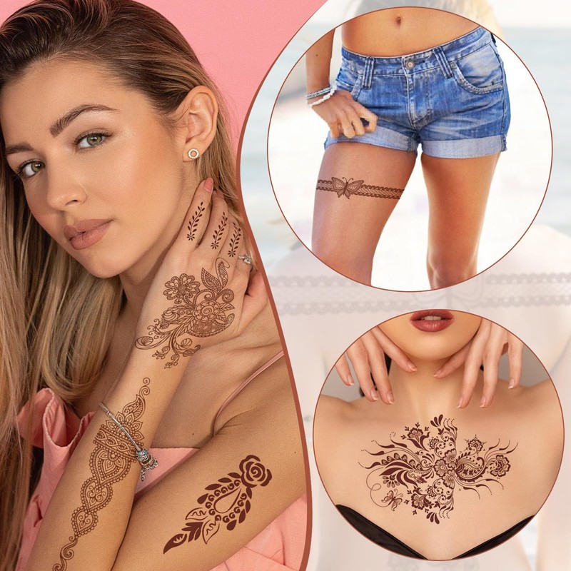 12 Sheets Henna Temporary Tattoos for Adults, Waterproof Fake Henna