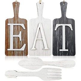 5 Pieces 15 x 6 Inch Cutting Board Eat Sign Set Fork and Spoon Wall Decor Hanging Wood Eat Signs Kitchen Decor Rustic Primitive Country Farmhouse Kitchen Decor for Home Kitchen Decor