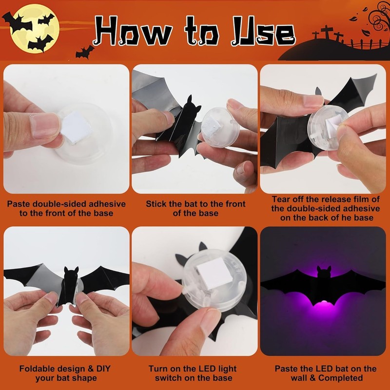 Halloween Decorations 3D Murciélagos Iluminados, Pegatinas Varios Tamaños, Decoraciones Para