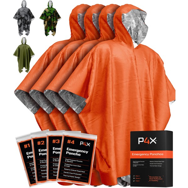PREPARED4X Emergency Rain Poncho with Mylar Blanket Liner - Survival Blankets for Car - Heavy Duty, Waterproof Camping Gear, Tactical Prepper Supplies– 4 Pack (Orange)