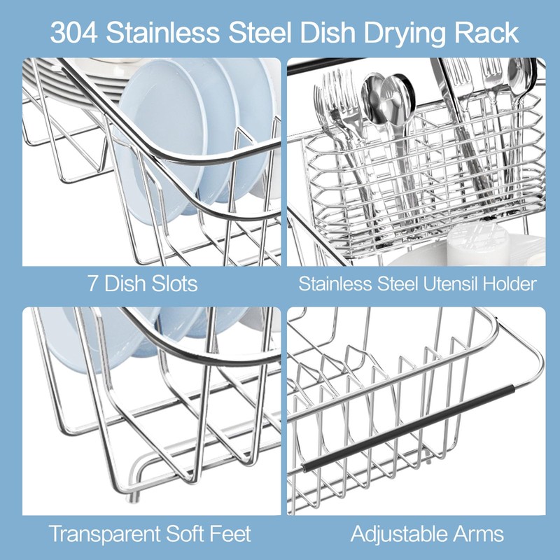 Small Dish Drainer Rack in Sink Adjustable, Expandable 304 Stainless